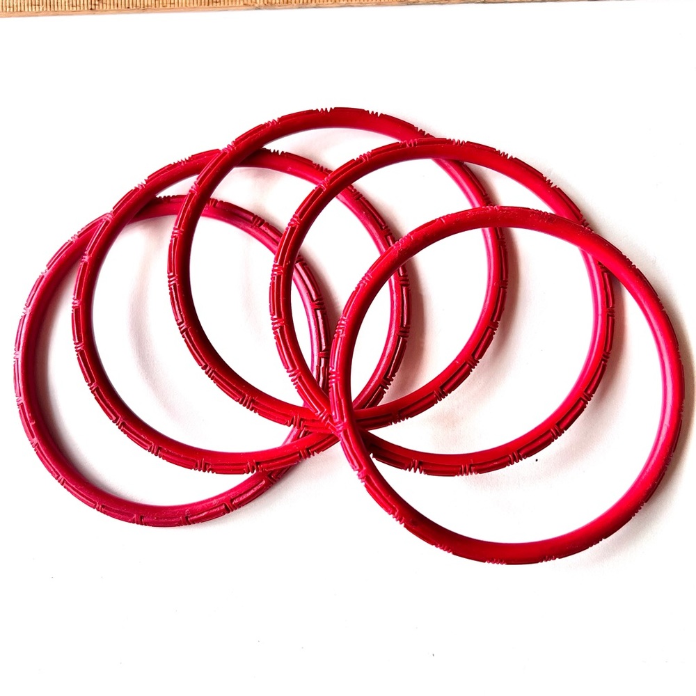 Vintage Bangles Cinnabar Red Carved Set Lot of Bracelets Asian Jewelry